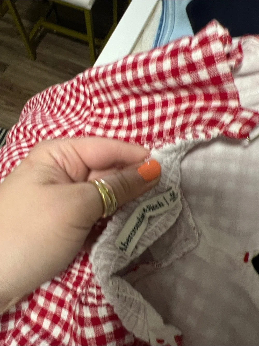 Red Gingham V-Neck A-Line Dress linen - Picture 2 of 5